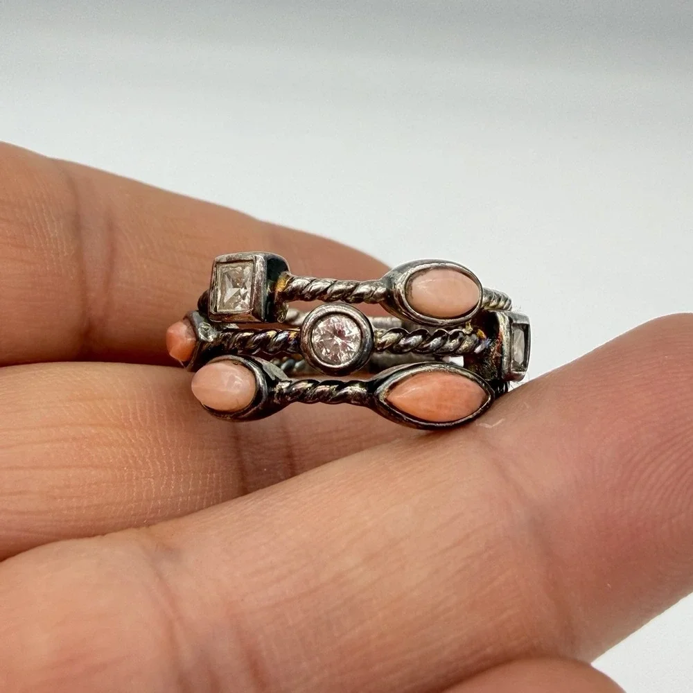 Vintage ESPO Joseph Esposito Sterling Silver 925 Coral Gemstone Ring CZ Sz 7‎